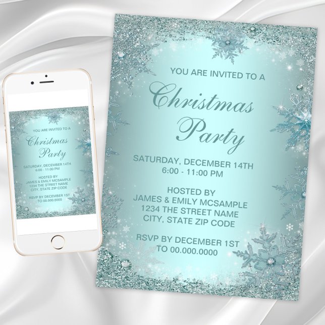 Invitation Fête de Noël Flocon de Neige Bleu Turquoise Élégan (Snowflake Christmas & any occasion invitation. Instant download and printed invitations avialable)