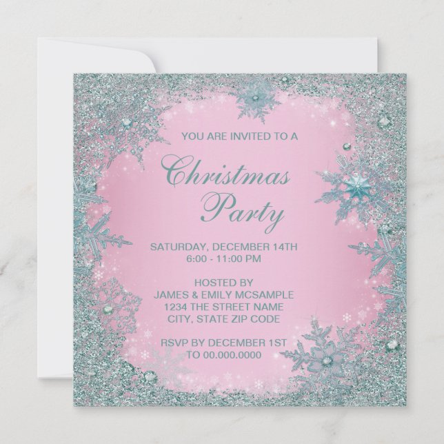 Invitation Fête de Noël Flocon de Neige Bleu Turquoise Rose (Devant)