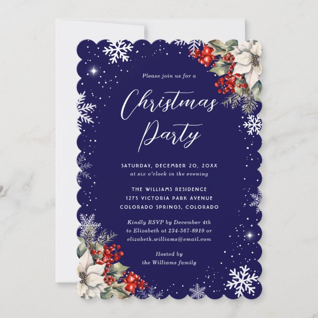 Invitation Fête de Noël flocon de neige botanique bleu (Devant)