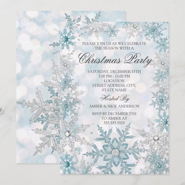 Invitation Fête de Noël Flocon de Neige Cristal Argent Bleu 2 (Devant / Derrière)