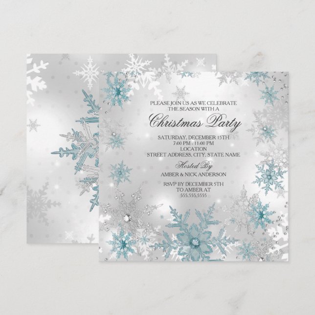 Invitation Fête de Noël Flocon de Neige Cristal Argent Bleu S (Devant / Derrière)