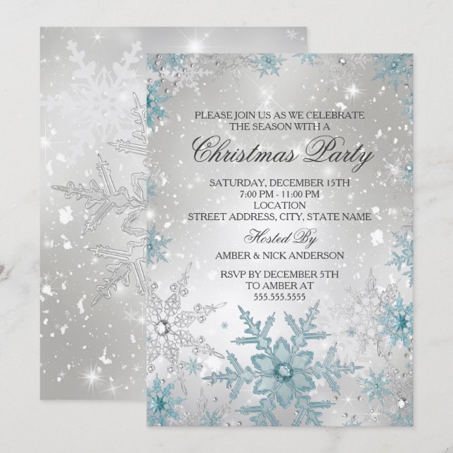 Invitation Fête de Noël flocon de neige cristal bleu et argen (Devant / Derrière)