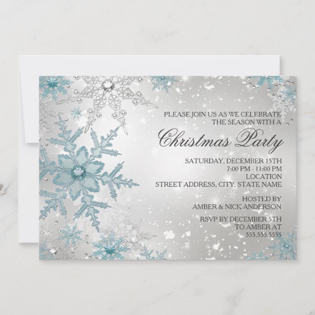 Invitation Fête de Noël Flocon de Neige Cristal Bleu et Argen (Devant)