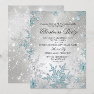 Invitation Fête de Noël Flocon de Neige Cristal Perle Bleue