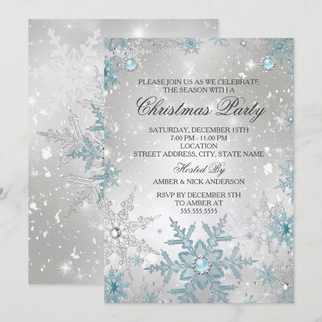 Invitation Fête de Noël Flocon de Neige Cristal Perle Bleue (Devant / Derrière)