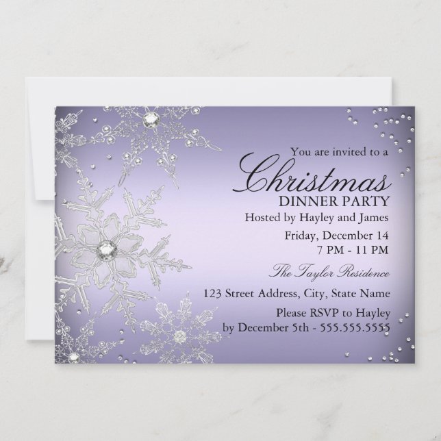Invitation Fête de Noël Flocon de Neige Cristal Violet (Devant)