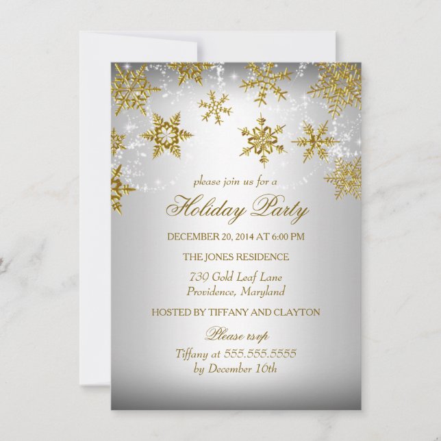 Invitation Fête de Noël flocon de neige en Or et Argent (Devant)