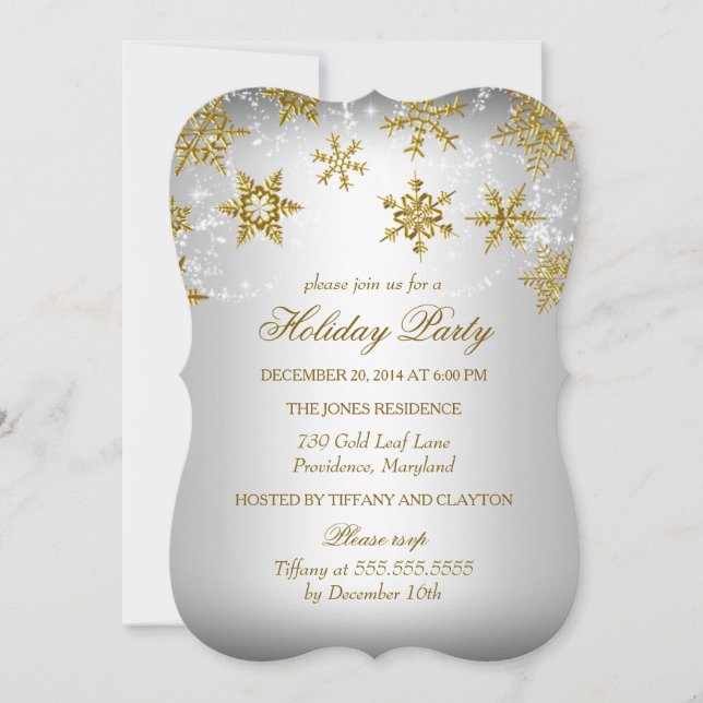 Invitation Fête de Noël flocon de neige en or et argent (Devant)