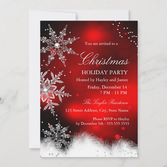 Invitation Fête de Noël Flocon de Neige Étincelle Rouge (Devant)