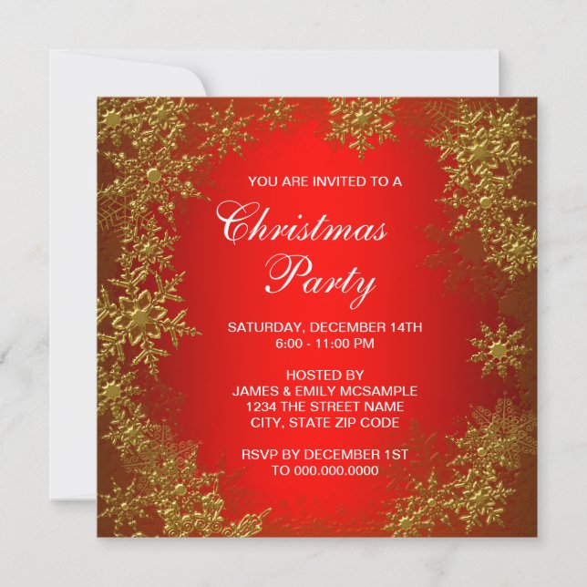 Invitation Fête de Noël Flocon de Neige Or Rouge (Devant)