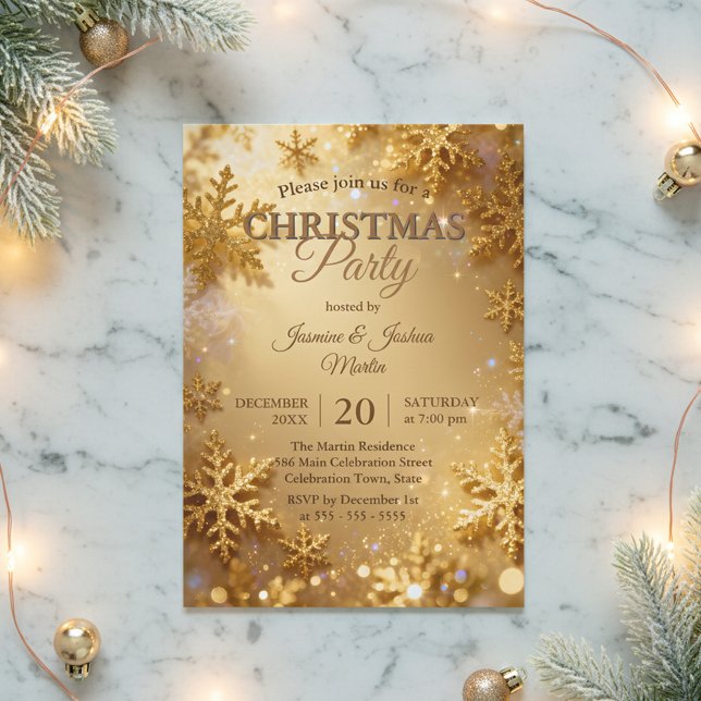 Invitation Fête de Noël Flocon de Neige Paillettes Or Élégant (Créateur téléchargé)