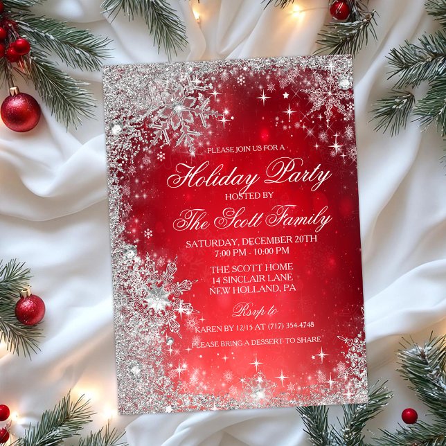Invitation Fête de Noël Flocon de Neige Paillettes Rouge et A (Créateur téléchargé)