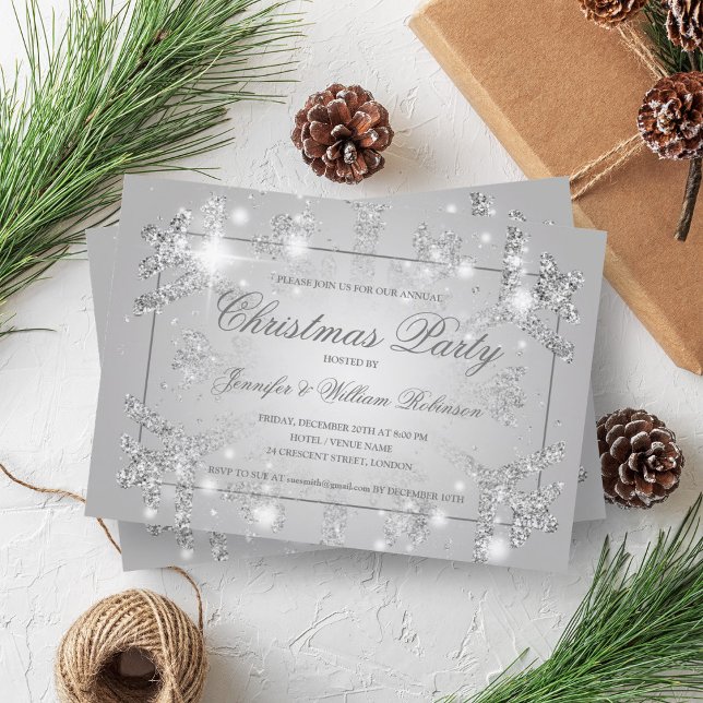 Invitation Fête de Noël Flocon de Neige Pailleur Argenté  (Silver Glitter Snowflake Xmas Holiday Party Invitation)