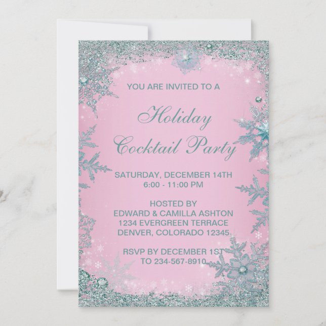 Invitation Fête de Noël Flocon de Neige Rose Turquoise Bleu (Devant)