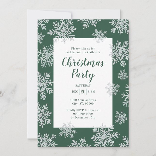 Invitation Fête de Noël Flocon de Neige Vert Hiver (Devant)