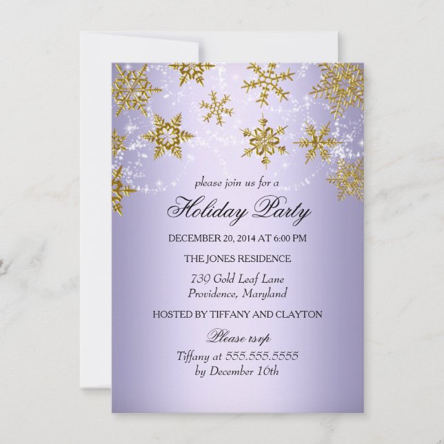 Invitation Fête de Noël Flocon de Neige Violet et Or (Devant)
