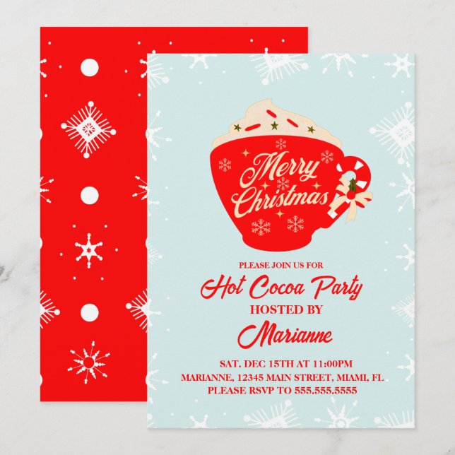 Invitation Fête de Noël Flocons de Cacao Chaud Rétro (Devant / Derrière)