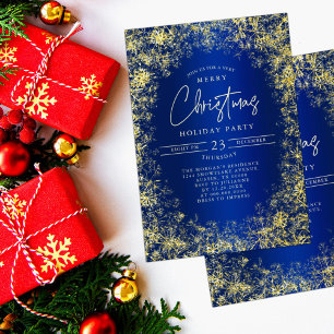 Invitation Fête de Noël Flocons de Neige Bleu Royal Or