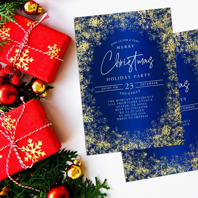 Invitation Fête de Noël Flocons de Neige Bleu Royal Or (Créateur téléchargé)