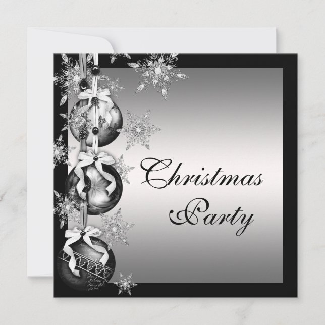 Invitation Fête de Noël Flocons de Neige Noir Blanc Argent (Devant)
