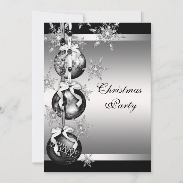 Invitation Fête de Noël Flocons de Neige Noir Blanc Argent (Devant)