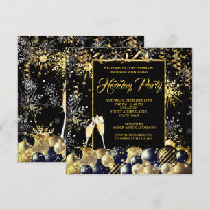 Invitation Fête de Noël Flocons de Neige Noir Or Vacances