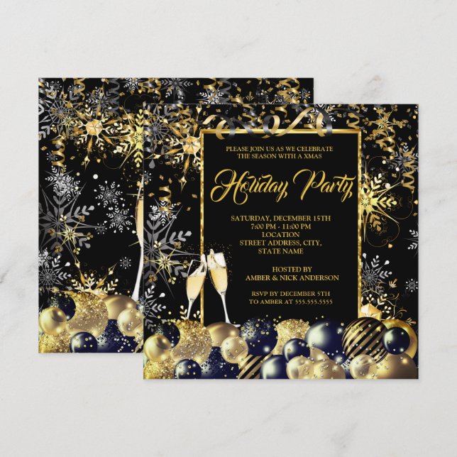 Invitation Fête de Noël Flocons de Neige Noir Or Vacances (Devant / Derrière)
