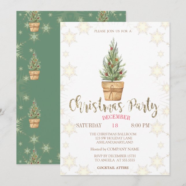 Invitation Fête de Noël Flocons de Neige Pins (Devant / Derrière)
