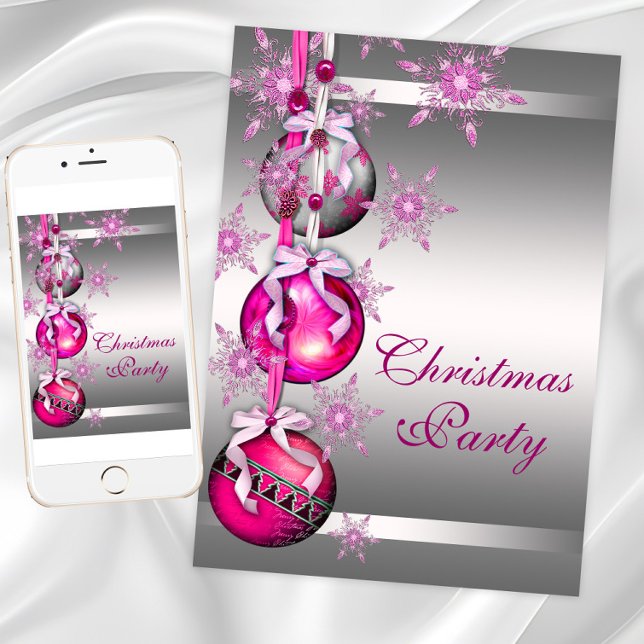 Invitation Fête de Noël Flocons de neige rose chaud argenté (Pink Christmas Party Invitations. Any event. Instant download and printed invitations available.)