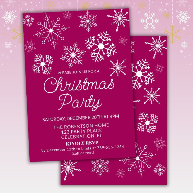 Invitation Fête de Noël Flocons de neige Rose Magenta Blanc (Créateur téléchargé)
