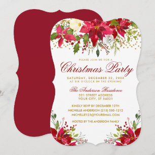 Invitation Fête de Noël Floral Rouge Poinsettia Gold Parties