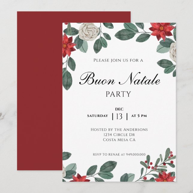Invitation Fête de Noël Floral Rouge Vert (Devant / Derrière)