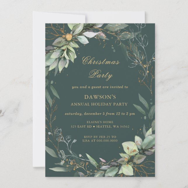 Invitation Fête de Noël Floral Vert Or (Devant)