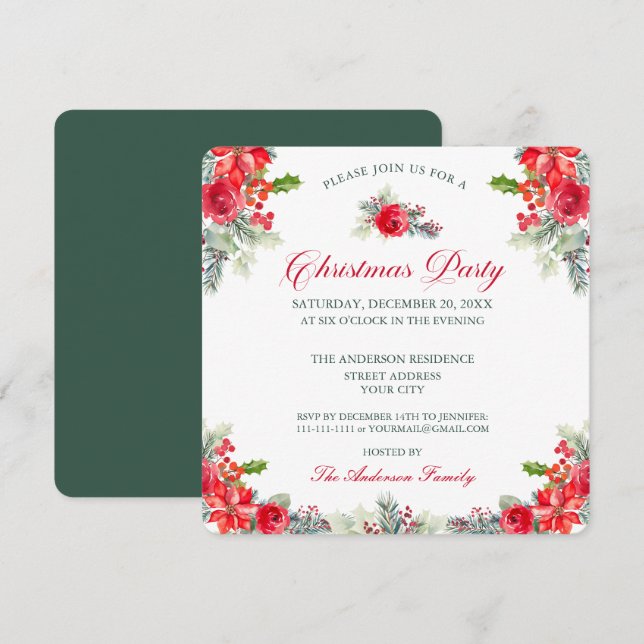 Invitation Fête de Noël florale à l'aquarelle chic  (Devant / Derrière)