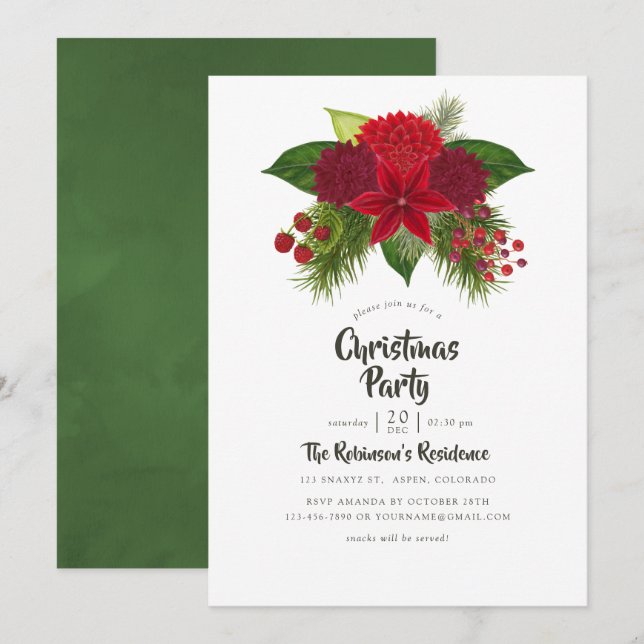 Invitation Fête de Noël Florale Aquarelle (Devant / Derrière)