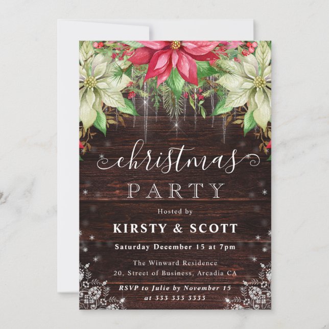 Invitation Fête de Noël Florale au Poinsettia Rustique (Devant)