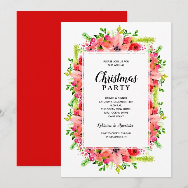 Invitation Fête de Noël florale botanique élégante (Devant / Derrière)