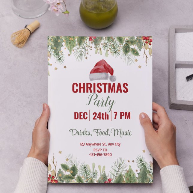 Invitation Fête de Noël florale d'aquarelle blanche simple (Simple White Watercolor Floral Christmas Party Invitation)