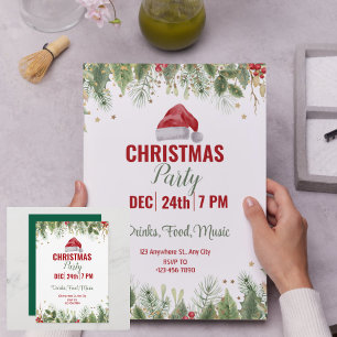 Invitation Fête de Noël florale d'aquarelle verte simple