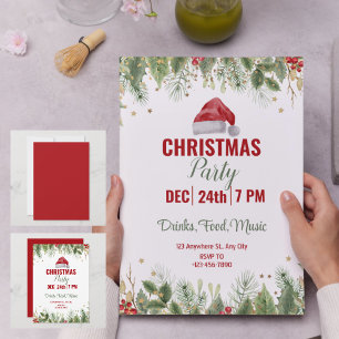 Invitation Fête de Noël florale de couleur rouge simple