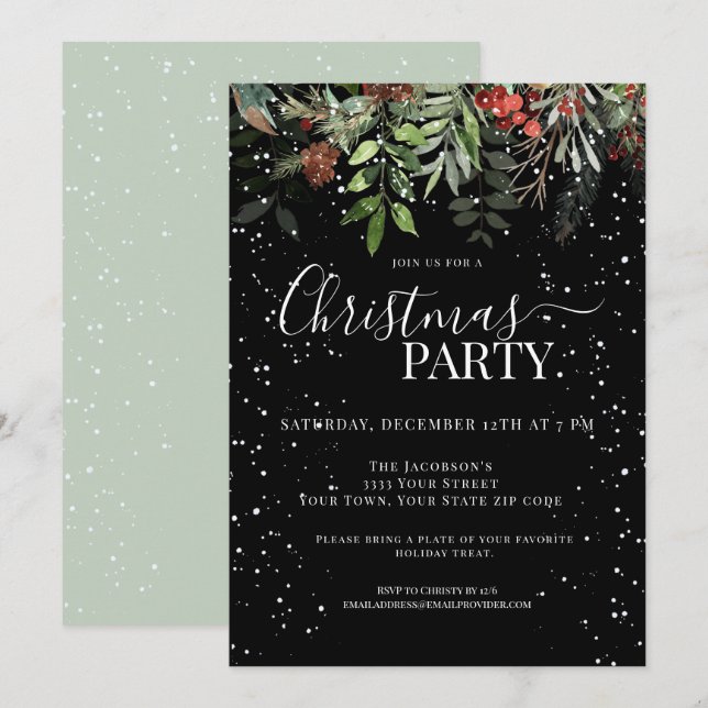 Invitation Fête de Noël Florale Élégante de Verdure (Devant / Derrière)