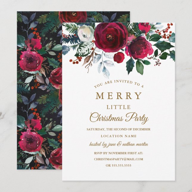Invitation Fête de Noël Florale Moderne Bourgogne (Devant / Derrière)