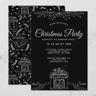 Invitation Fête de Noël florale noire et blanche