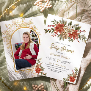 Invitation Fête de Noël Florale Photo Bébé Shower Or Rouge