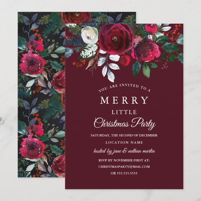 Invitation Fête de Noël Florale Rouge Bourgogne (Devant / Derrière)