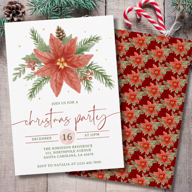 Invitation Fête de Noël florale rouge et verte à l'aquarelle (Créateur téléchargé)