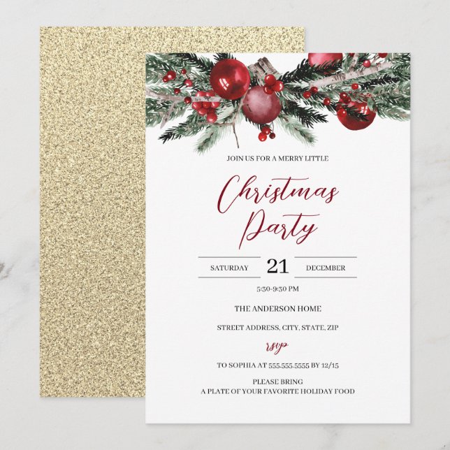 Invitation Fête de Noël Florale Rouge festive budget  (Devant / Derrière)