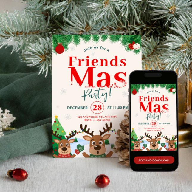 Invitation Fête de Noël Friendsmas avec des rennes mignons (Friendsmas Christmas Holiday Party Cute Reindeer Invitation)