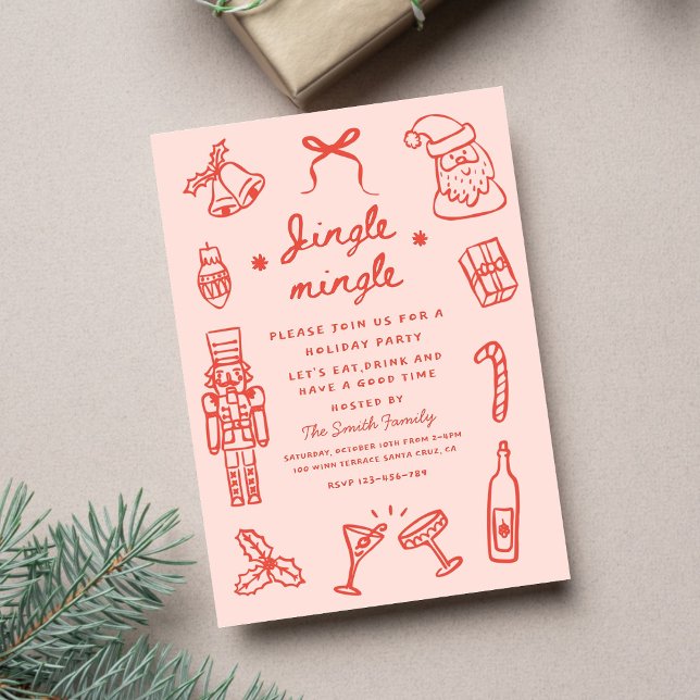 Invitation Fête de Noël Funky Dessinée à la Main Rose Rouge (Créateur téléchargé)