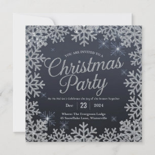 Invitation Fête de Noël Glamour en argent et bleu étincelant